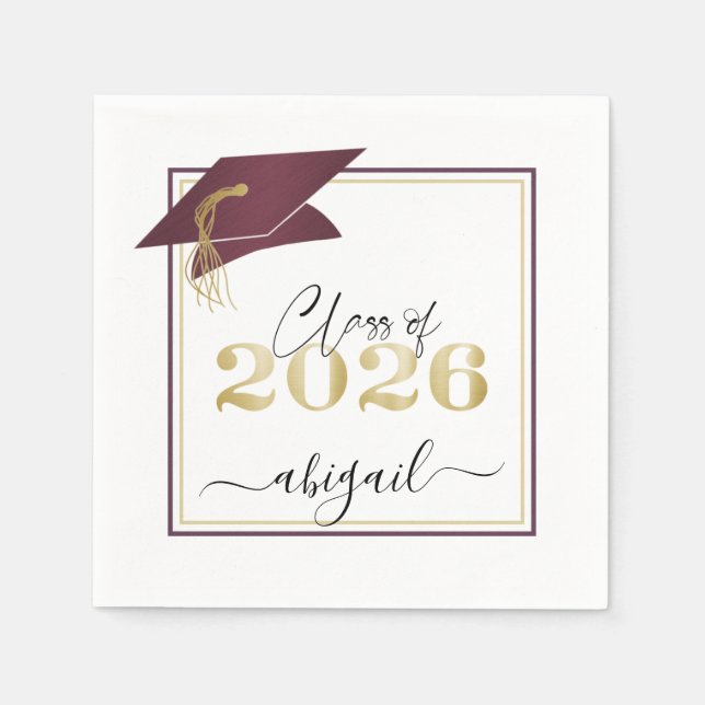 Graduation Cap 2025 Metallic Gold Maroon Script Serviette (Vorderseite)