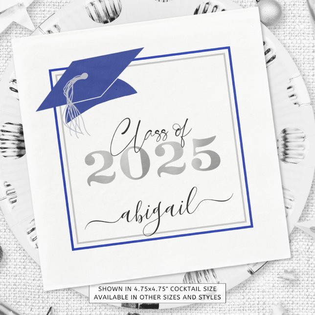 Graduation Cap 2025 Royal Blue Silver Script Serviette (Von Creator hochgeladen)