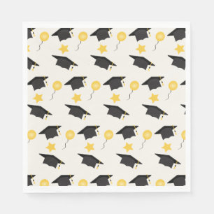 Graduation Cap Balloons Stars Muster Gelb Schwarz Serviette
