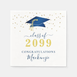 Graduation Cap Blue Gold Confetti Script Serviette