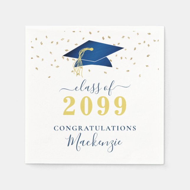 Graduation Cap Blue Gold Confetti Script Serviette (Vorderseite)