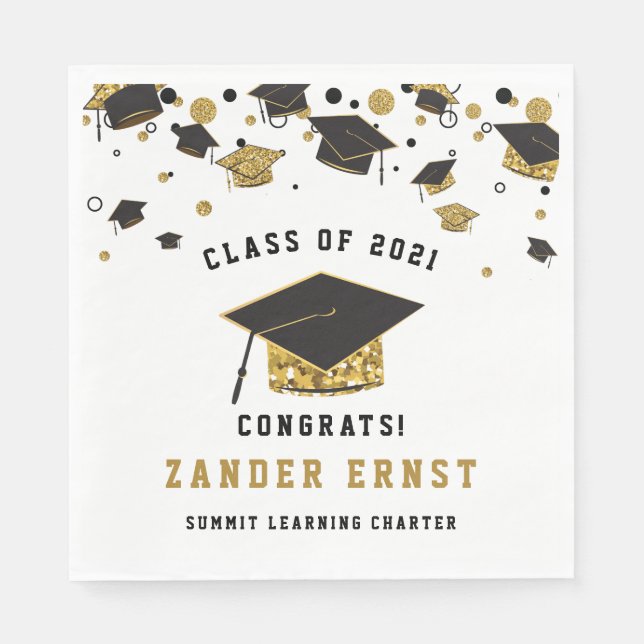 Graduation Cap Class of 2021 für Black & Gold Glit Serviette (Vorderseite)