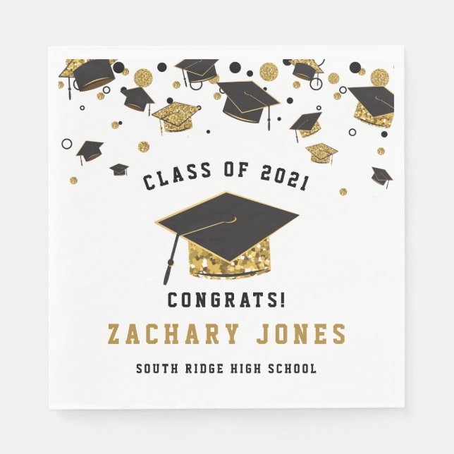 Graduation Cap Class of 2021 für Black & Gold Glit Serviette (Vorderseite)