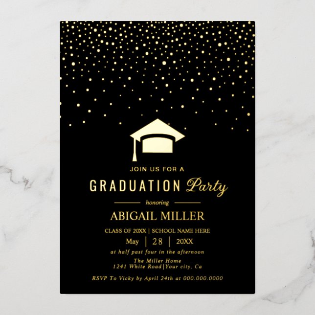 Graduation cap confetti Class Of 2025 black Folieneinladung (Vorderseite)