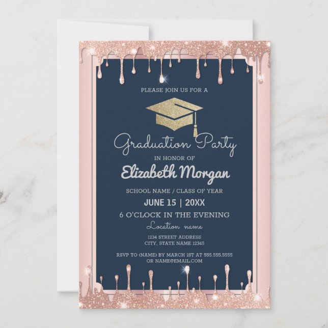 Graduation Cap Glitzer Rose Gold Tropfen Navy Blue Einladung (Vorderseite)