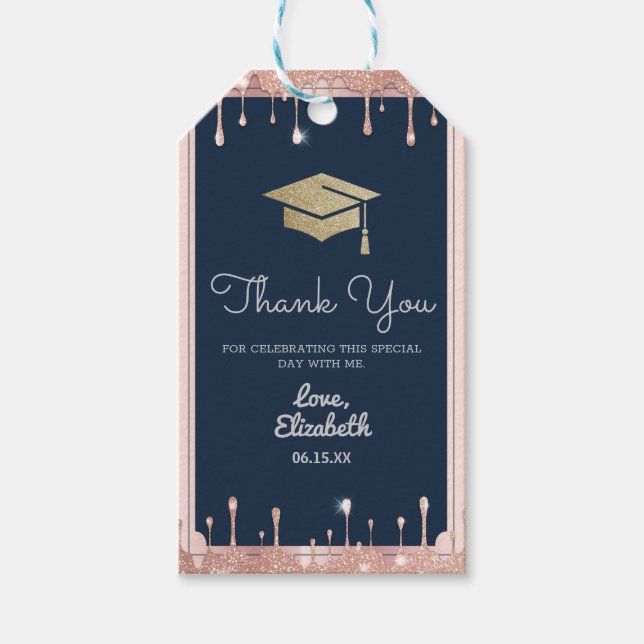 Graduation Cap Glitzer Rose Gold Tropfen Navy Blue Geschenkanhänger (Vorderseite)