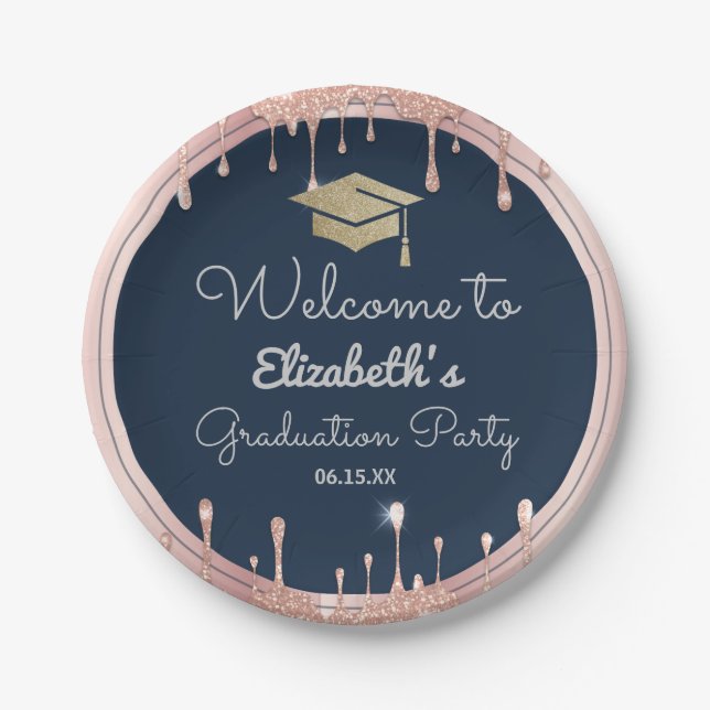 Graduation Cap Glitzer Rose Gold Tropfen Navy Blue Pappteller (Vorderseite)