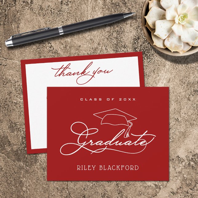 Graduation Cap Kardinal Red Danke Mitteilungskarte (Graduation cap cardinal red flat thank you note cards have room for your message on the back.)