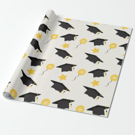 Graduation Cap Muster Balloons Stars Gelb Schwarz Geschenkpapier