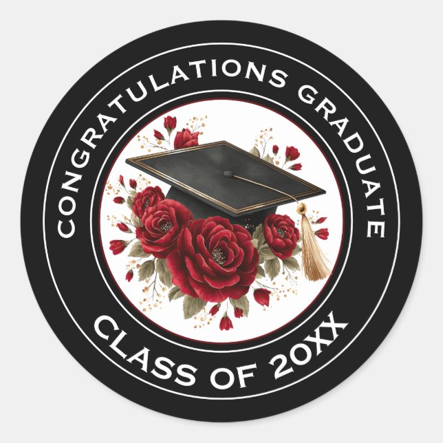 Graduation Cap & Red Roses Class of 20XX  Runder Aufkleber (Vorderseite)