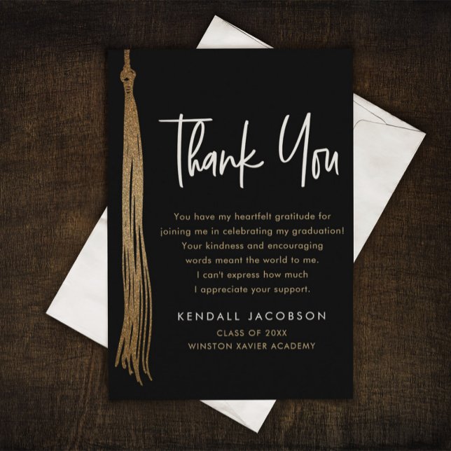 Graduation Cap Tassel Gold Black Modern Dankeskarte (Elegant Grad Cap tassel gold black thank you card.)
