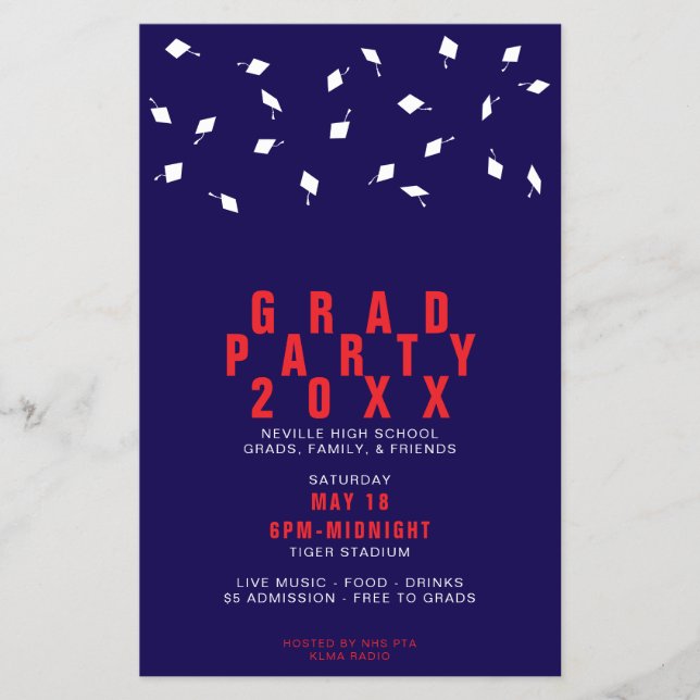 Graduation Cap Toss Red & Navy Grad Party Flyer (Vorne)
