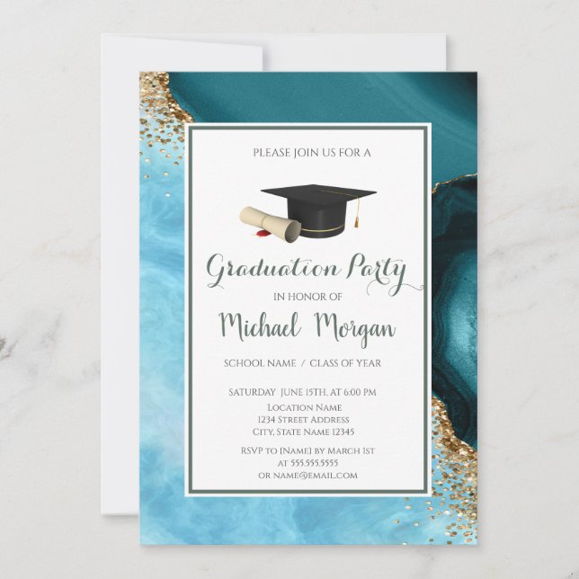 Graduation Cap Turquoise Marble Graduation Party Einladung (Vorderseite)