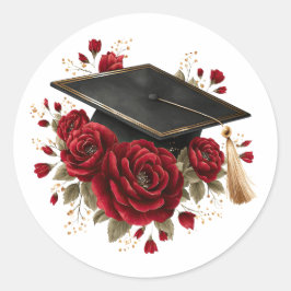 Graduation Cap with Red Roses Celebration Design Runder Aufkleber