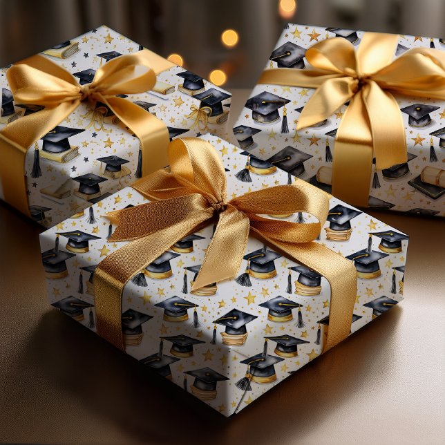 Graduation Caps and Diplomas Grad Celebration Geschenkpapier Set (Graduation Caps with Tassels, Diplomas and Mortarboards Accented with Stars Wrapping Paper Trio)