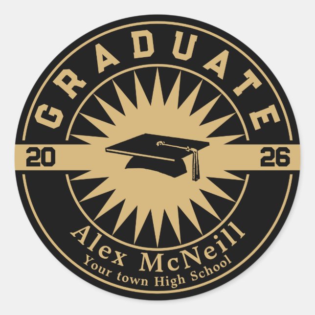 Graduation Classic Gold & Black Template Runder Aufkleber (Vorderseite)