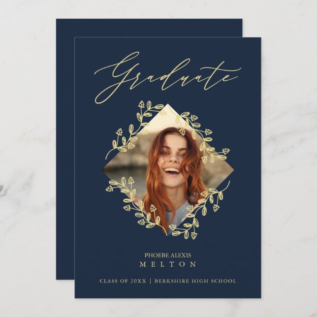 Graduation Gold Diamond Wildflower Navy Photo Einladung (Vorne/Hinten)