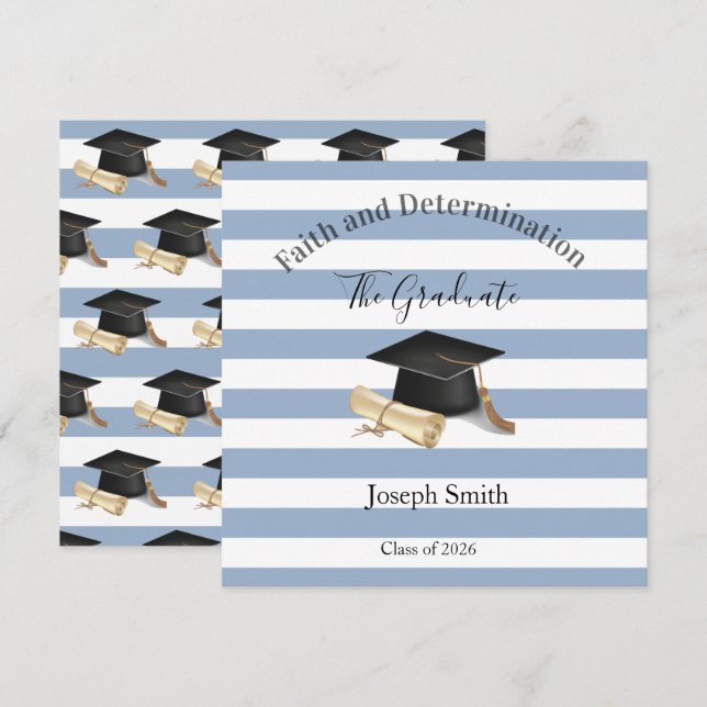 Graduation Invitation Blue Stripe  Einladung (Vorne/Hinten)