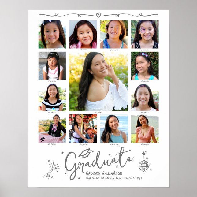 Graduation K–12 Photo Collage Gray Doodles White Poster (Vorne)