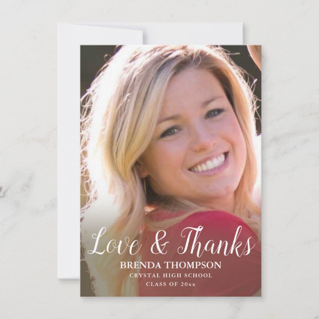 Graduation Love & Thanks White Script Photo Dankeskarte (Vorderseite)