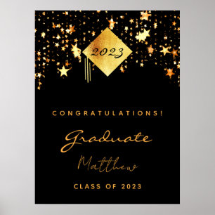 Graduation party 2023 black gold stars graduate poster