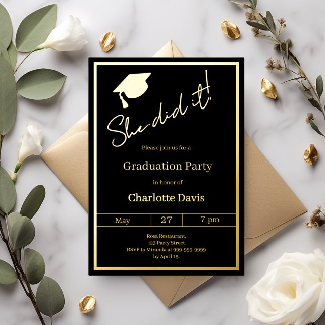 Graduation party black gold luxury She did it Folieneinladung (Von Creator hochgeladen)