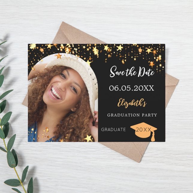 Graduation Party Black Gold Stars Foto Bogen 2025 Save The Date (Von Creator hochgeladen)