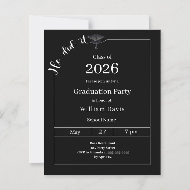 Graduation party black white He did it invitation (Vorderseite)