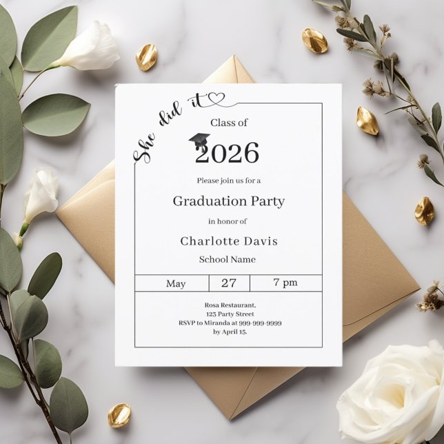 Graduation party black white She did it invitation (Von Creator hochgeladen)