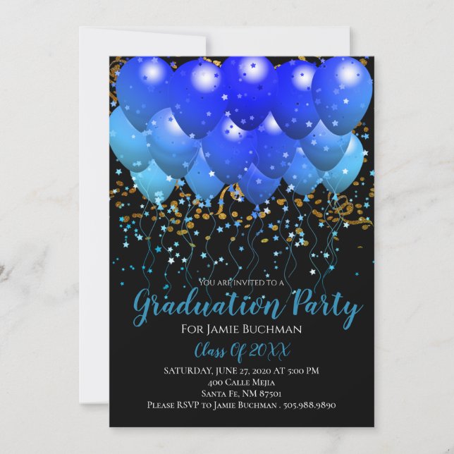 Graduation Party Blue Balloons Gold Confetti Black Einladung (Vorderseite)