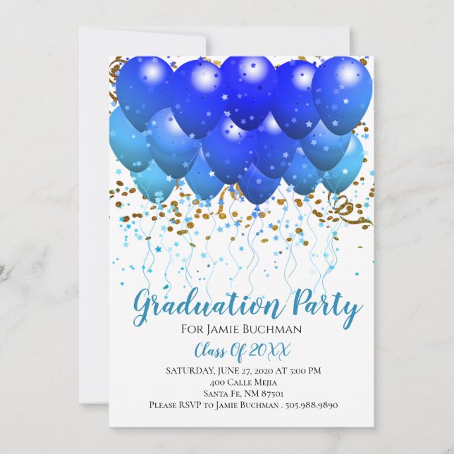 Graduation Party Blue Balloons Gold Confetti White Einladung (Vorderseite)