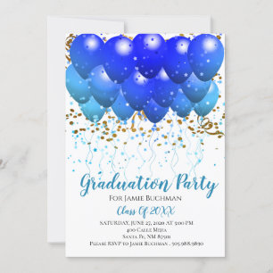 Graduation Party Blue Balloons Gold Confetti White Einladung