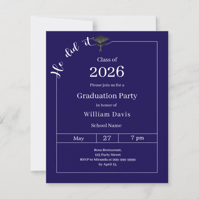 Graduation party blue white He did it invitation (Vorderseite)