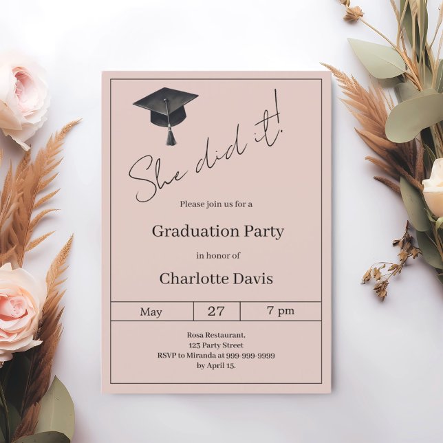 Graduation party blush pink neutral She did it Einladung (Von Creator hochgeladen)
