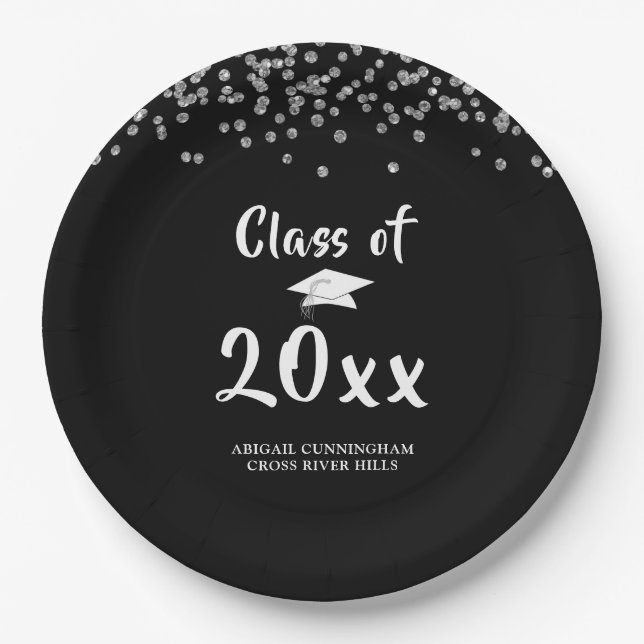 Graduation Party Class of Black Silver Confetti Pappteller (Vorderseite)