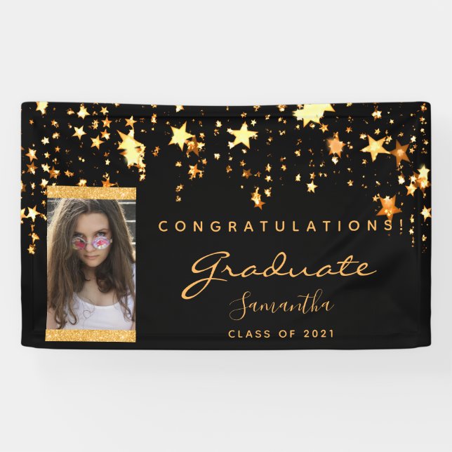 Graduation Party Foto schwarze goldene Sterne 2025 Banner (Horizontal)
