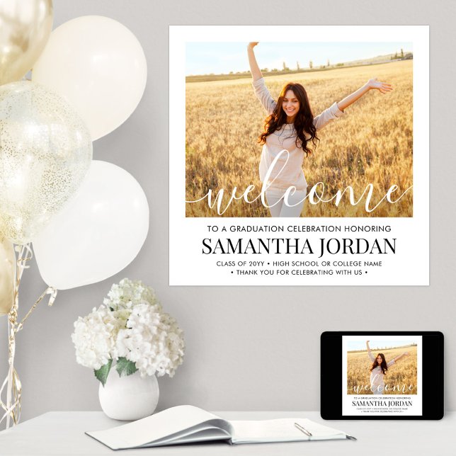 Graduation Party Foto White Script Square Willkomm Poster (Von Creator hochgeladen)