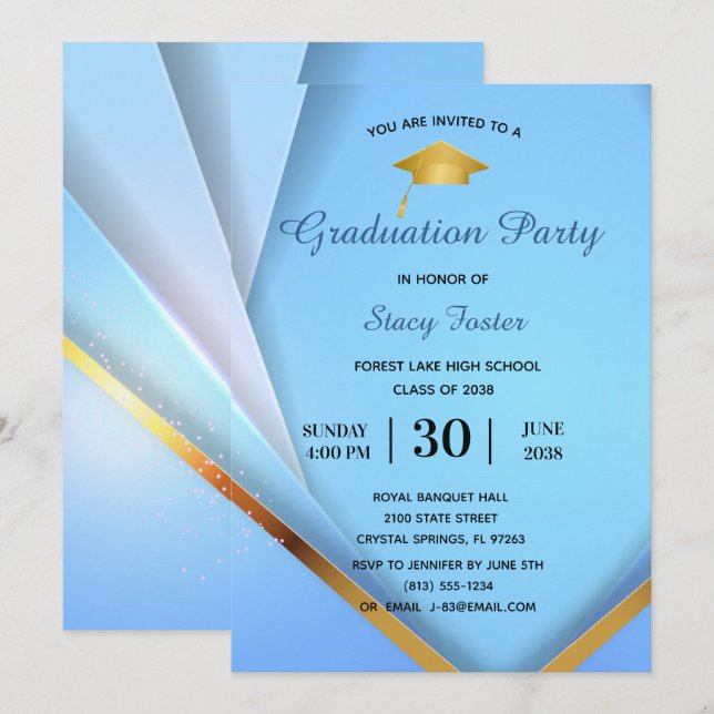 Graduation Party Gold auf Blue Layers Formal Einladung (Vorne/Hinten)