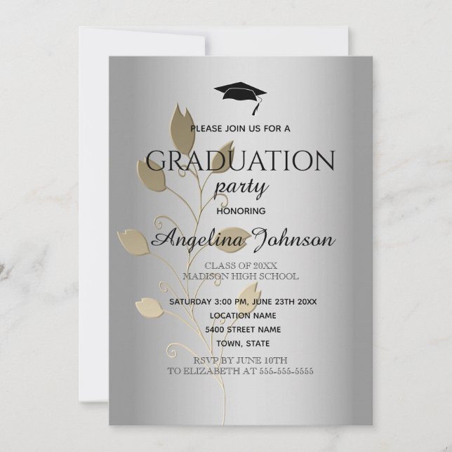 Graduation Party Gold und Silber Elegant Einladung (Vorderseite)