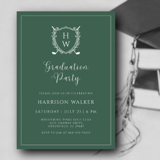 Graduation Party Golf Crest Elegant Script Sage Einladung