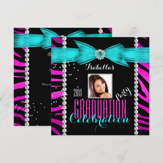Graduation Party Grad Pink Aquamarin Blue Zebra Fo Einladung (Vorne/Hinten)