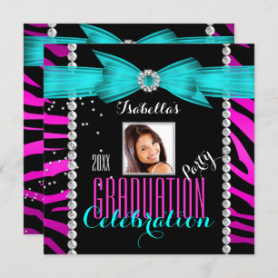 Graduation Party Grad Pink Aquamarin Blue Zebra Fo Einladung
