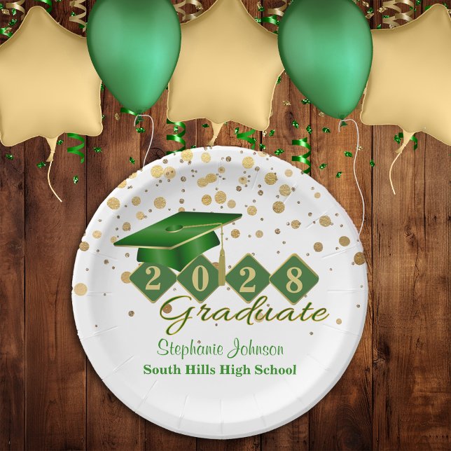 Graduation Party Green & Gold 20XX Pappteller (Graduation Party Green & Gold  Paper Plates)