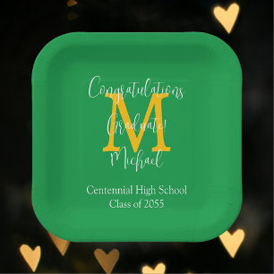 Graduation Party Green Gold White Name Monogram Pappteller