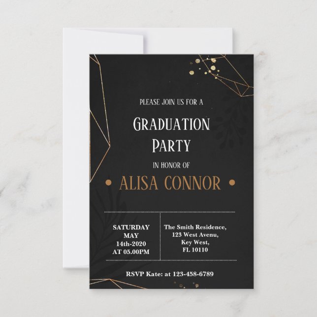 Graduation Party Invintation Black and Gold RSVP Karte (Vorderseite)