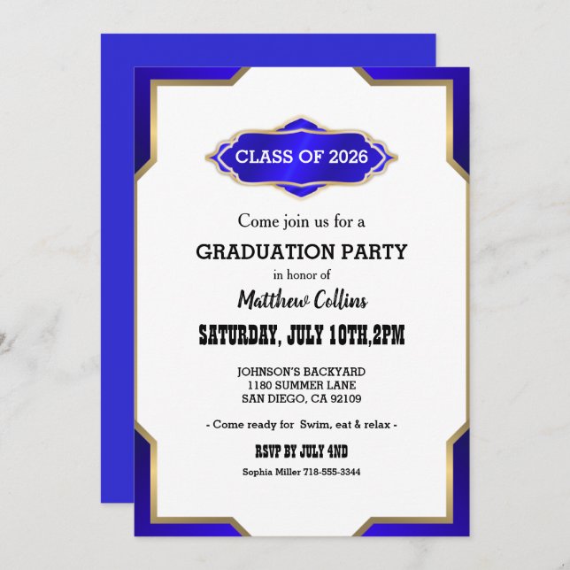 Graduation Party Invitation blue Retro Inspired  Einladung (Vorne/Hinten)