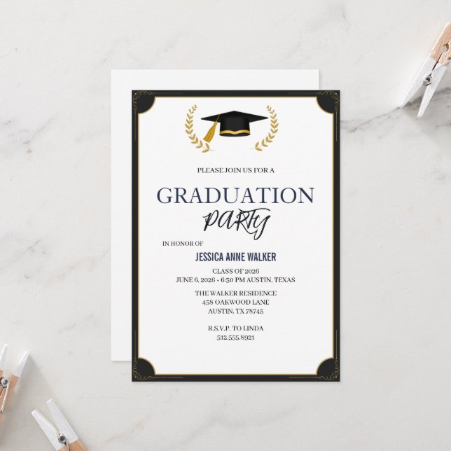Graduation Party Invitation Elegant Blue Editable  Einladung (Vorderseite/Rückseite Beispiel)