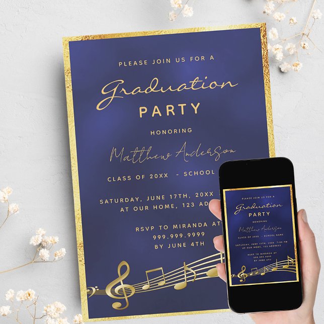 Graduation Party Marine blaue Musik Gold 2025 Einladung (Von Creator hochgeladen)