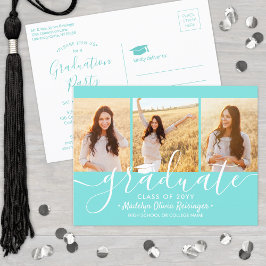 Graduation Party Modern Script Teal Blue 3 Photo Einladungspostkarte