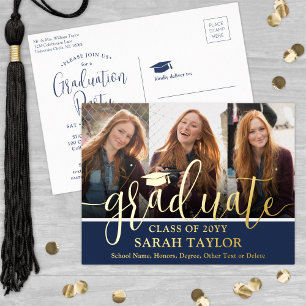 Graduation Party Navy Blue 3 Foto Modernes Skript Folie Einladungspostkarte